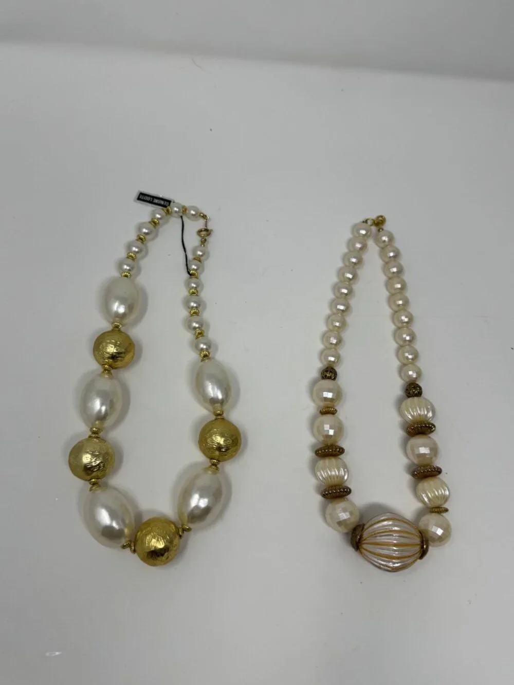 Lot of 2 Vintage Lucite Faux Pearl Statement Necklaces Gold Accent Chunky 18